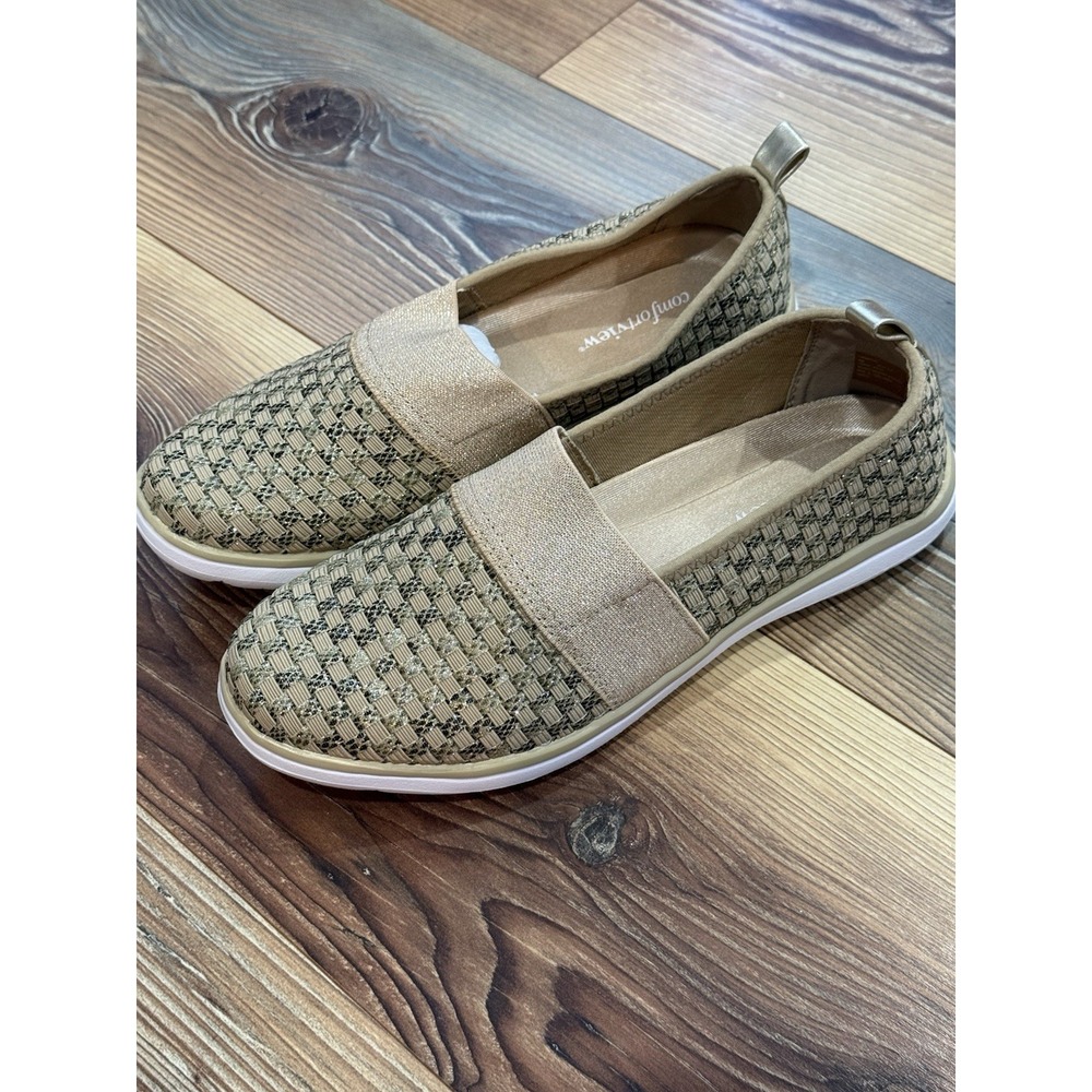 Comfortview Women 9 Gold Sparkle Tan Woven Slip-On Shoes